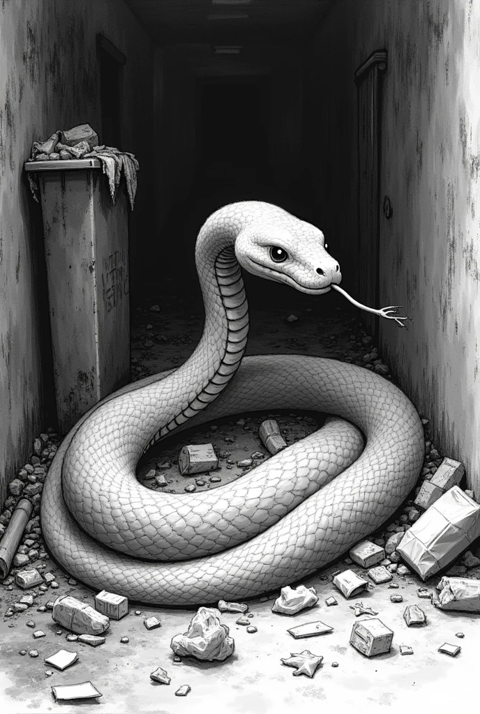 Create a realistic sketch of a hungry snake rummaging through trash in black and white pointillism 
