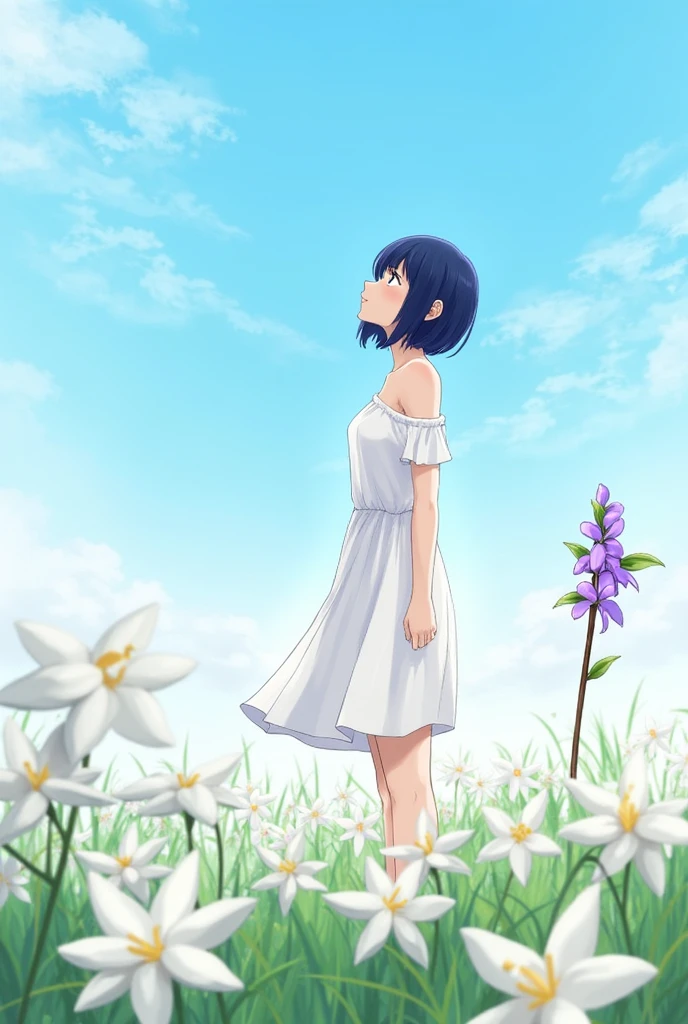 A girl with shoulder-length dark blue hair, standing with her head turned towards the clear blue sky, wearing an off-shoulder white dress that reached down to her ankles, against a background of white flowers. Beside her was a spear with Purple flowers
