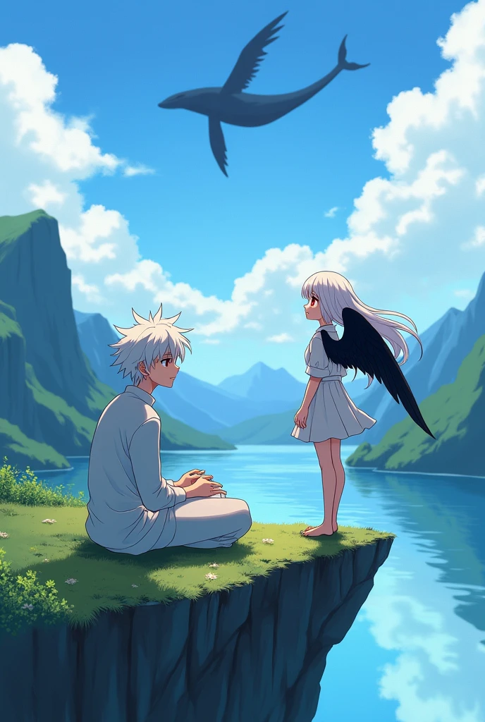 A white-haired male character is sitting on a cliff watching an ISEKAI world in the distance which has a lake in the center with a winged whale in full jump. Next to him a woman with white hair and black wings looks at him with love. The girl has red eyes and is very beautiful. The design must be anime style. Both are young people in their 20s. 


