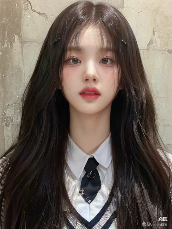 Imagen de una mujer con cabello largo con corbata y de ojos fucsia, ulzzang, a colegiala hiperrealista, colegiala hiperrealista, Jaeyeon Nam, cara adorable coreana pálida, jennie rosa negro, muchacha coreana, jinyoung shin, maquillaje popular de corea del sur, jossi de blackpink, Lalisa Manoban de Blackpink, Yanjun Chengt, cara simétrica coreana, jisoo from blackpink, popular south korean makeup, quality detailed ,(beautiful makeup :1.2), Wide hips, big, big ass, (best quality, 8K, masterpiece: 1.3), Clear focus: 1.2, Perfect body beauty: 1.4, strong abs, Very detailed face and skin texture. , detailed eyes, double eyelids, (long hair), having very marked curves, with greater volume in ((hips and breasts)), which makes the waist look much smaller ((wasp waist)).(obra maestra, calidad superior, mejor calidad, arte oficial, profundidad de campo, Belleza y Estética: 1.2), renderizado pináculo, Representación realista, (1 chica), detalle extremo, Vistoso, Detalle supremo, arte oficial, Fondo de pantalla unificado de 8k