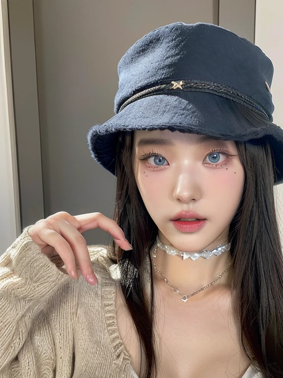 Arafed woman with a tattoo on her arm and a hat on her head and deep blue eyes., wearing a choker and a cute hat, ulzzang, dilraba dilmurat, 🤤 girl portrait, wearing a cute hat, with hat, Taiwanese girl with tattoos, Clear, high-quality lips, e-chica, e - girl, korean girl, top-hat, jisoo from blackpink, popular south korean makeup, quality detailed ,(beautiful makeup :1.2), wide hips, Big, Big ass, (best quality, 8k, masterpiece: 1.3), clear focus: 1.2, Perfect body beauty: 1.4, strong abs, Very detailed face and skin texture. , detailed eyes, double eyelids, (long hair), Having very marked curves, with greater volume in ((hips and breasts)), which makes the waist look much smaller ((wasp waist)).(masterpiece, top quality, Best Quality, official art, depth of field, Beauty: 1.2), pinnacle rendering, Realistic representation, (1 girl), extreme detail, showy, supreme detail, official art, 8k unified wallpaper