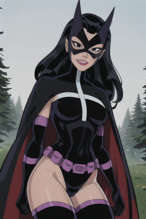 Huntress_JLU, cape, long cape, black hair, long hair, mask, solo, Masterpiece, gloves, black thighs, Best Quality, black eyes, Detail, bodysuit, forest, smile 