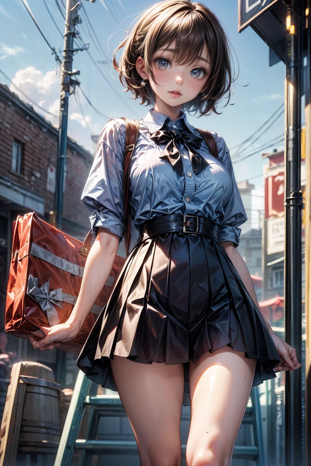 ((masterpiece)), ((Highest quality)), ((High resolution)), ((Highly detailed CG Unity 8k wallpaper)), alone、Summer cafe terrace、high school girl、Summer uniform、Short shirt、belly button、Short skirt、Panties、Open crotch、Wet、Nipple swelling、Underbust、hair、Straight Short Cut、Big eyes、High nose、Beautiful multiple eyes、Long eyelashes、Larger breasts、look up、Show your side、