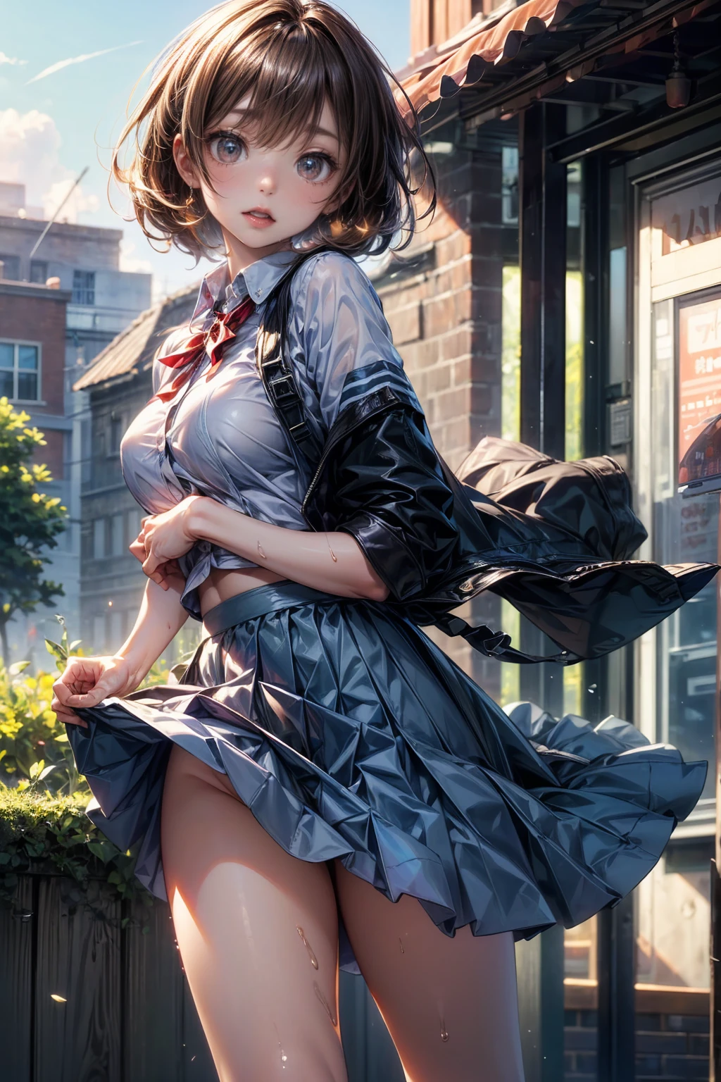 ((masterpiece)), ((Highest quality)), ((High resolution)), ((Highly detailed CG Unity 8k wallpaper)), alone、Summer cafe terrace、high school girl、Summer uniform、Short shirt、belly button、Short skirt、Panties、Open crotch、Wet、Nipple swelling、Underbust、hair、Straight Short Cut、Big eyes、High nose、Beautiful multiple eyes、Long eyelashes、Larger breasts、look up、Show your side、