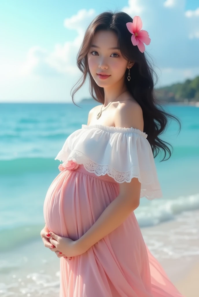 (Highest quality、masterpiece、8k、Best image quality、Hyperrealism、Award-winning works)、1 pregnant woman、(alone:1.1)、(1 photo:1.1)、(A very young girl, :1.1)、(height: 140cm:1.1)、(低height (6 heads):1.1)、(Cute girl ornament:1.1)、(Cute girly hair accessories:1.1)、(Lots of cute girly decorations:1.1)、Girly big lolita ribboute wavy hair:1.1)、(An elegant white off-the-shoulder shirt with large frills:1.1)、(Light pink lace floral long flare skirt:1.2)、(The lightest and most natural belly bulge during pregnancy:1.1)、Beautiful clear sky、Large Breasts、(Beautiful Hiroshi々とした滑らかな砂浜の上にStanding Elegantly:1.2)、(Vivid, clear,Ocean:1.2)、Beautiful surf edge、(Beautiful sunny sky:1.1)、(Beautiful cumulonimbus clouds:1.1)、Standing Elegantly、Look at me with your best smile、(Accurate anatomy:1.2)、Perfect Makeup、Long eyelashes、Glossy Lips、Ultra HD glossy skin、(Ultra-high resolution, bright and beautiful skin:1.2)、(very bright and vivid:1.3)、超高精細のGlossy Lips、Ultra-high resolutionの美しい歯、Hibiscus hair accessory、Cute ribbon、Cute lace decoration、Cute heart necklace、High-end earrings、Luxury wedding rings、(Realistic:1.1)、(Ultra-high resolutionのフォトリアリスティックなアートワーク:1.1)