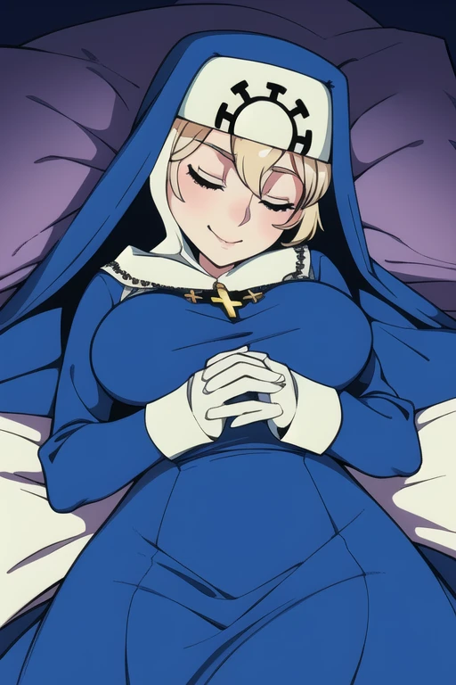 Double, short blonde hair, medium breasts, solo, 1girl, smiling, cowboy shot, closed eyes, 
 blue habit, cross necklace ,white gloves, long sleeves, nun, long skirt
(insanely detailed, beautiful detailed face,beautiful detailed eyes, masterpiece, best quality) room, bedroom, sexy pose, bed, lying down 