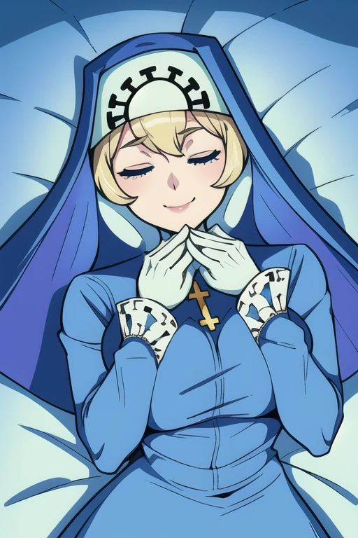 Double, short blonde hair, medium breasts, solo, 1girl, smiling, cowboy shot, closed eyes, 
 blue habit, cross necklace ,white gloves, long sleeves, nun, long skirt
(insanely detailed, beautiful detailed face,beautiful detailed eyes, masterpiece, best quality) room, bedroom, sexy pose, bed, lying down 