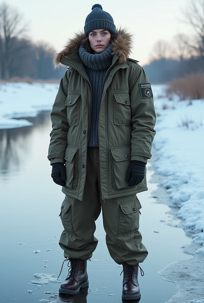 Water contamination : in winter, The buildup of contaminants such as salts and chemicals in water due to melting ice can affect water quality and aquatic ecosystems.. create a person posing as a weird model with clothes inspired by hm is also this full body