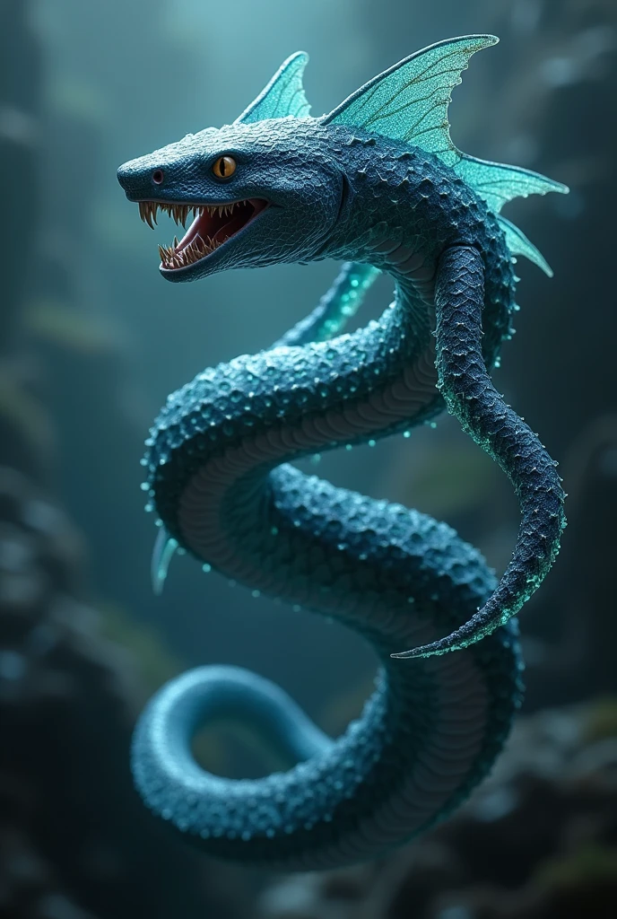 A new creature with a mix of shark &へび characteristics、Fantasy、cool