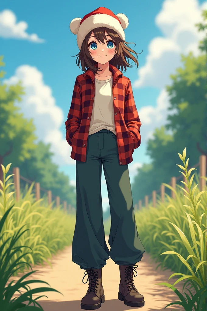 A young, slender girl, around 18 years old, with an open and friendly expression. She wears dark boots and wide pants, giving her a slightly casual but confident look. She's dressed in an unbuttoned checkered shirt, underneath which she has a light-colored t-shirt. Her fluffy brown hair is slightly tousled, falling on her shoulders and peeking out from under a ushanka hat, adding a playful touch to her appearance. Her bright blue eyes sparkle with joy and optimism, reflecting her cheerful nature and inner strength. In the ushanka, she looks stylish and cozy in her own way, as if ready for any adventure that life in the countryside might bring. In anime style
