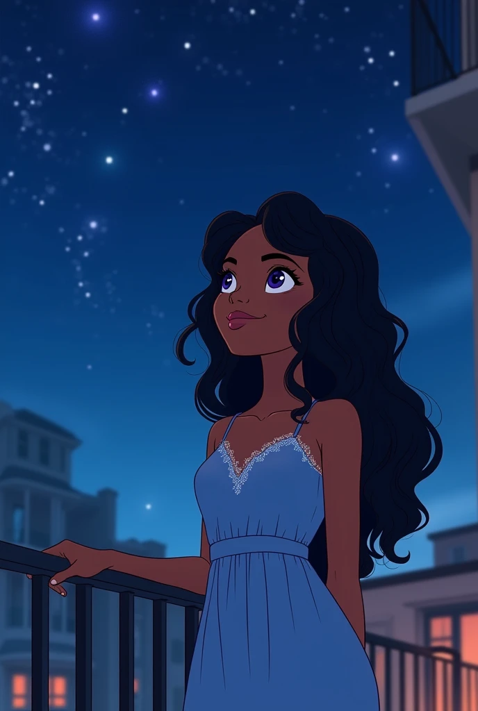 A  dark skinned girl with beautiful purple eyes, Wavy black hair that reaches to her waist, She is wearing a light blue dress with white accents and is standing on a balcony smiling., while looking at the stars at night 