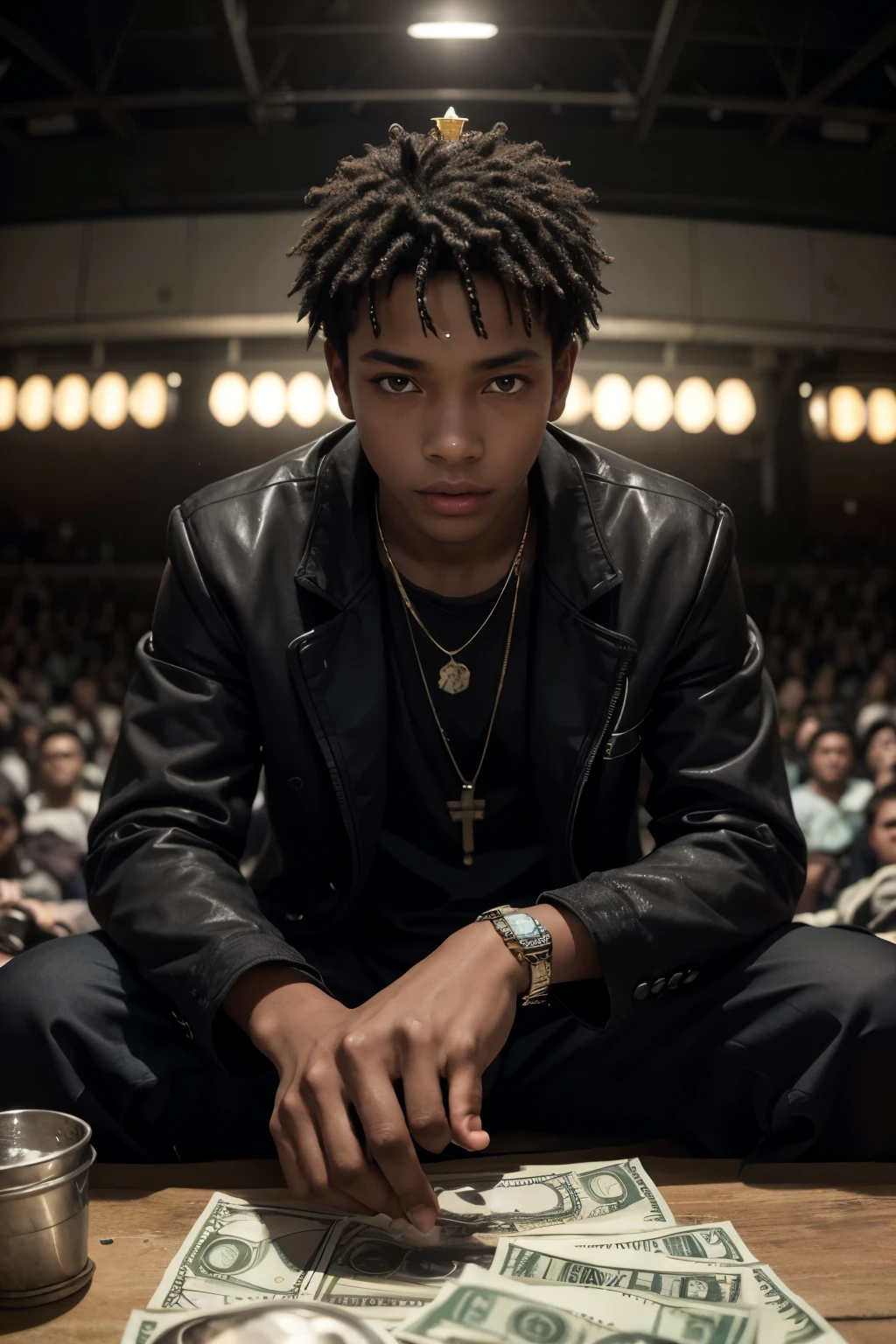 A young black boy, looking like a teenager, is sitting on a large pile of money in a setting reminiscent of a favela. He is counting dollar bills with a dreamy and hopeful expression.. He wears a stylish black coat and a shiny crown on his head., symbolizing your potential and aspirations. On your wrist, there is a visible clock. In the background of the image, visualize a concert stage with a microphone, representing his dream of becoming an artist. The favela scene is detailed, with simple constructions and typical elements of the environment. The lighting and composition of the image should highlight the pile of money and the young man, contrasting with the environment in the background.