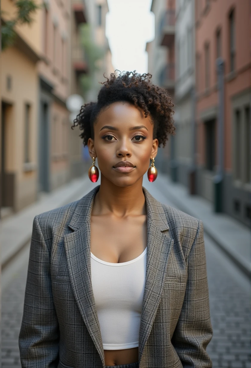 1girl, epiCRealism, Cinematic still, (((striking facial features))), Charming African-American Woman, (((black woman))), (((Neutral face))), (((Undercut hair))), (((very dark skin))), (((busty black womans))), (((boxum girl))), (((big tits pressed together))), (((Afro hair ))), makeup, (((wearing Blazer))), (((wearing Pencil skirt))), (((Tao Splash earrings gold))), (((focus on face))), good white balance, (two cinematic sources of light in opposite directions), (two volumetric sources of light in opposite directions), (natural shading), (((dans un espace vide avec une sphère rouge en arrière-plan))), (((photo en noir et blanc avec seulement la sphère rouge en couleur))), shot on Hasselblad X2D 100C, 80mm lens, depth of field, bokeh, film grain, vivid color, female poses, expressive female portrait, (((Full body shot)))