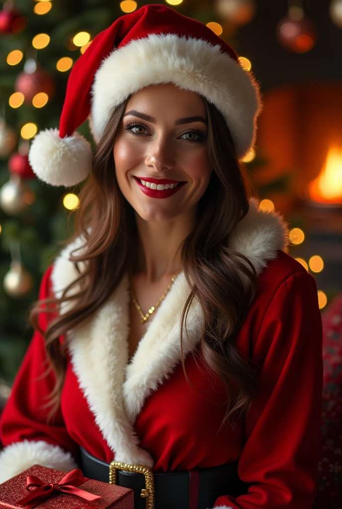 (Tabletop、Highest quality、8k、Award-winning works、Ultra-high resolution)、One Mature Woman、30 year old beauty、Long Hair、Detailed face、Perfect Face、(Gorgeous Christmas room:1.1)、(Gorgeous and luxurious red Santa Claus coat:1.1)、(Santa Claus hat:1.1)、Cleavage、(Great cinema lighting:1.1)、(The most moody and romantic:1.1)、(Beautifully shining Christmas illuminations:1.1)、Tight belt、Thin waist clothing、Christmas gift、(Luxury gift box with ribbon:1.1)、(1 elegant fireplace:1.1)、Perfect Makeup、Long eyelashes、Beautiful lipstick、Big ample breasts、Christmas Night、(Gorgeous Christmas illuminations:1.1)、(Giant Christmas Tree:1.1)、Romantic evening、ロマンティックなChristmas Night、(The biggest smile looks at me:1.1)、(Smile big and show your teeth:1.1)、Perfect and detailed background