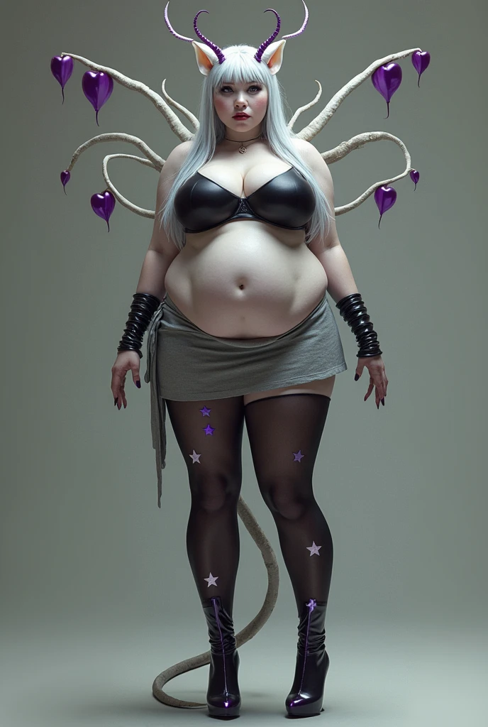 Appearance: very white almost pale skin, parts, antennas with a star at the end, big breasts, big thighs, big hips, small waist, has an enviable body, cat pupil, eyelashes a little long, lips a little big, black nail polish, Shoulder length hair, dark purple hair, stomach 1.56 meters, He has fangs but they are not sharp., star shaped nipples, pastel pink nipples Clothing: black top with neckline and long neck, slightly wide sleeves with a heart on the elbows, star shaped earrings, grey mini skirt, black tights with white stars, dark purple high heel boots