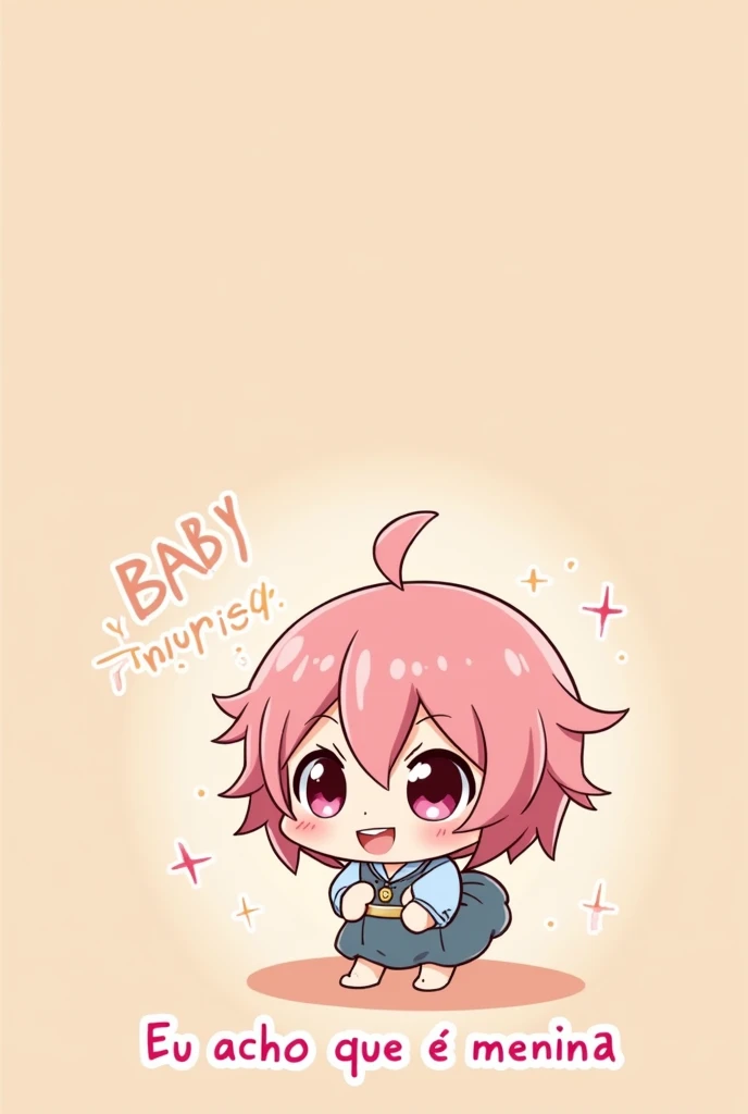 Create an image of Anya Forger from Spy x Family, in anime chibi style. Below the image must be a caption "Eu acho que é " don't forget. Keep in mind that this is for a baby shower. Make a cute drawing
