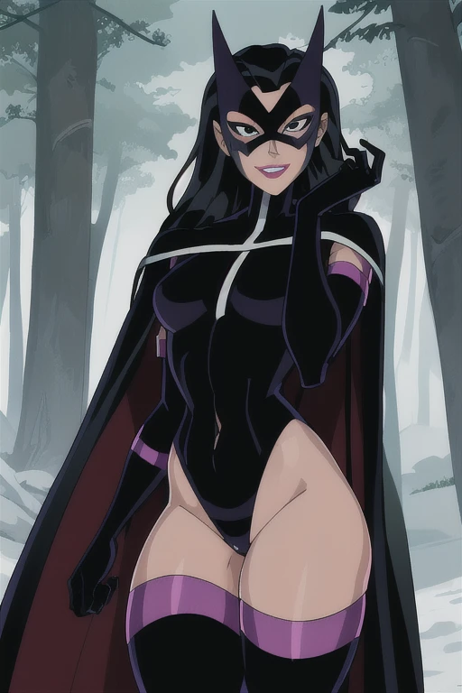 Huntress_JLU, cape, long cape, black hair, long hair, mask, solo, Masterpiece, gloves, black thighs, Best Quality, black eyes, Detail, bodysuit, forest, smile 