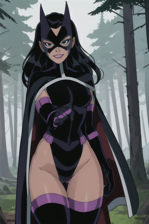 Huntress_JLU, cape, long cape, black hair, long hair, mask, solo, Masterpiece, gloves, black thighs, Best Quality, black eyes, Detail, bodysuit, forest, smile