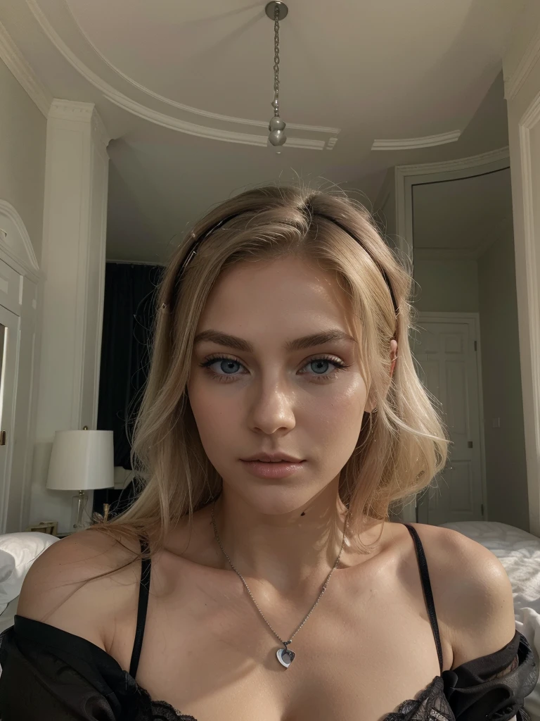 ;une femme aux cheveux longs blond Beau visage latin, beau visage attrayant, joli visage féminin, visage et yeux parfaits, visage extrêmement beau, Beaux yeux et visage, beau visage féminin, yeux verts clairs, , yeux et visage séduisants, yeux vert clair, beaux yeux verts, cheveux blond, platinum cheveux blond, in rich house, in rich black bedroom, sexy, black room, full body, full view, white lingerie, sexy lingerie, white outfit