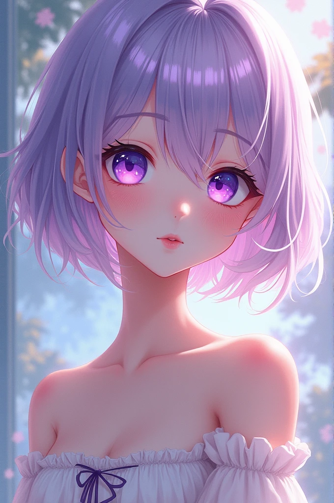 Anime girl, thin, short lilac hair, eyes Purples,  