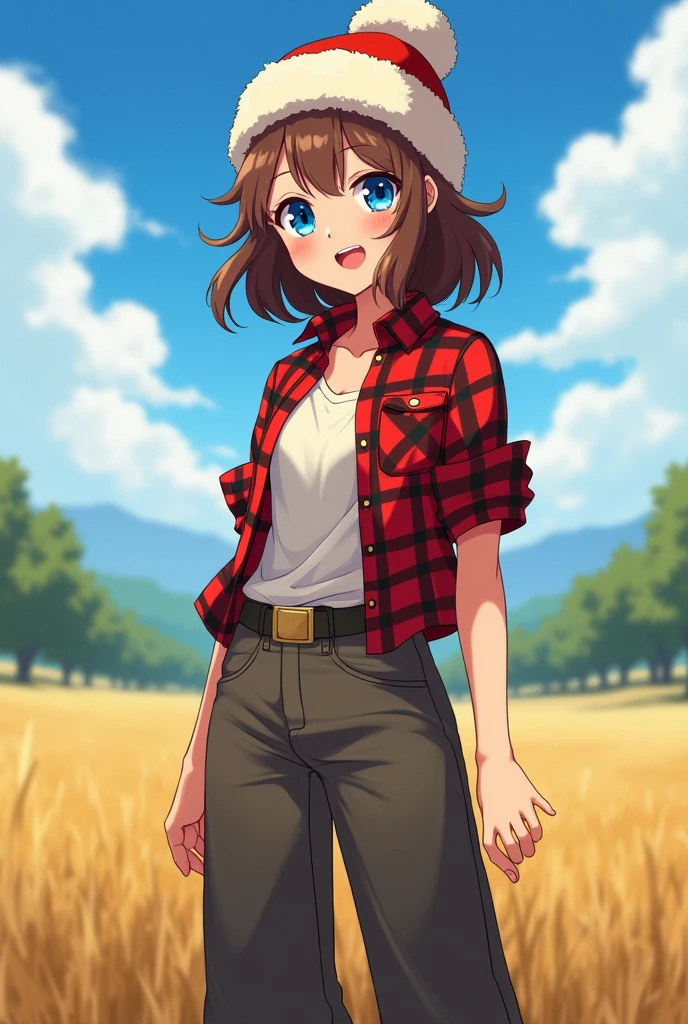 A young, slender girl, around 18 years old, with an open and friendly expression. She wears dark boots and wide pants, giving her a slightly casual but confident look. She's dressed in an unbuttoned checkered shirt, underneath which she has a light-colored t-shirt. Her fluffy brown hair is slightly tousled, falling on her shoulders and peeking out from under a ushanka hat, adding a playful touch to her appearance. Her bright blue eyes sparkle with joy and optimism, reflecting her cheerful nature and inner strength. In the ushanka, she looks stylish and cozy in her own way, as if ready for any adventure that life in the countryside might bring. In anime style