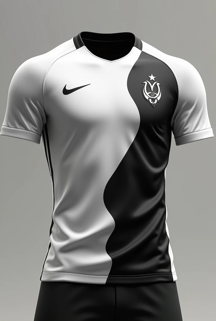 Make me a sports soccer jersey that can be seen from all angles from back to front and even from the side. The jersey has to be black and white and be sporty and elegant at the same time.