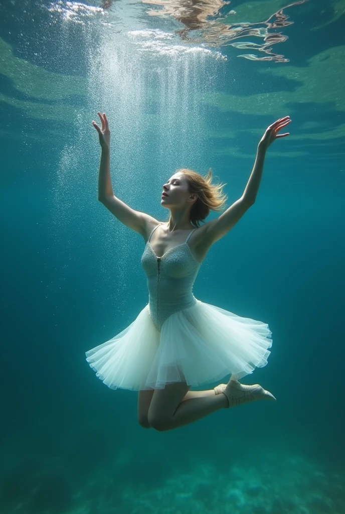 Water contamination : in winter, The buildup of contaminants such as salts and chemicals in water due to melting ice can affect water quality and aquatic ecosystems.. Create a person posing underwater vertically posing as if she were a ballet dancer in a dress