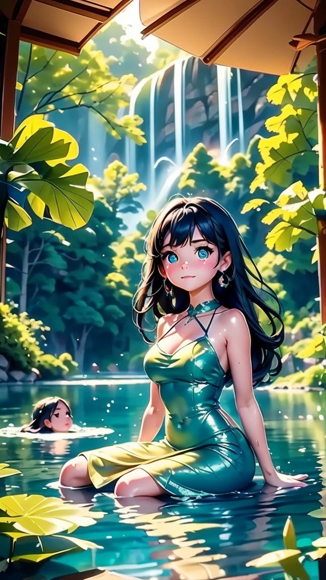 [Core Concept]
A serene scene of young women enjoying a refreshing swim in a tranquil lake.

[Character Description]
A group of vibrant, youthful females frolicking in the calm waters, their lithe figures gracefully moving through the glistening surface.

[Environment/Background]
The lake is surrounded by lush, verdant foliage, creating a picturesque natural setting, with the clear blue sky above reflecting on the still, mirror-like surface of the water.

[Style and Atmosphere]
The scene has a soft, dreamlike quality, with a sense of carefree joy and peaceful relaxation permeating the atmosphere.

[Composition]
The composition balances the central figures of the swimming women with the serene, expansive environment, creating a harmonious and visually captivating tableau.

[Details and Embellishments]
Sunlight dances on the water, casting shimmering patterns, and the women's wet hair and skin glow with a fresh, dewy radiance.

[Technical Specifications]
A detailed, high-resolution digital painting or photograph capturing the tranquil, idyllic lakeside scene with a focus on the graceful, joyful movements of the young women in the water.