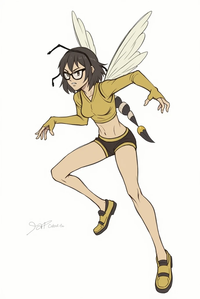 "A female character with bee wings, wearing glasses and sporty attire, including a long-sleeve crop top and shorts. The character has a prominent bee stinger and is posed as if ready to attack or move quickly. The artwork is a sketch with dynamic lines and an action-oriented stance."
