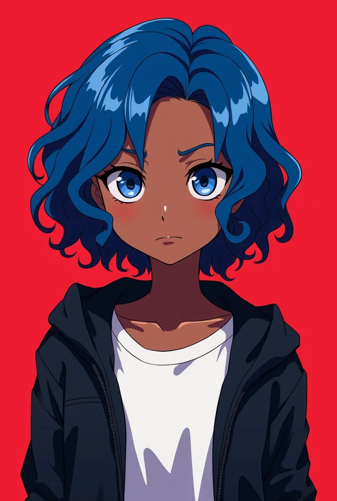 17 years old black girl with short wavy hair of blue hair color and a white shirt and black jacket dress and serious expression with a red background color and slim body structure and height of 1.60 with small waist with upturned nose. anime style