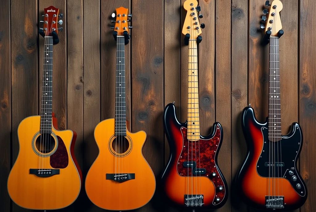 Create an image that has the following musical instruments: acoustic guitar, guitar eletric, piano, teclado and electric bass 