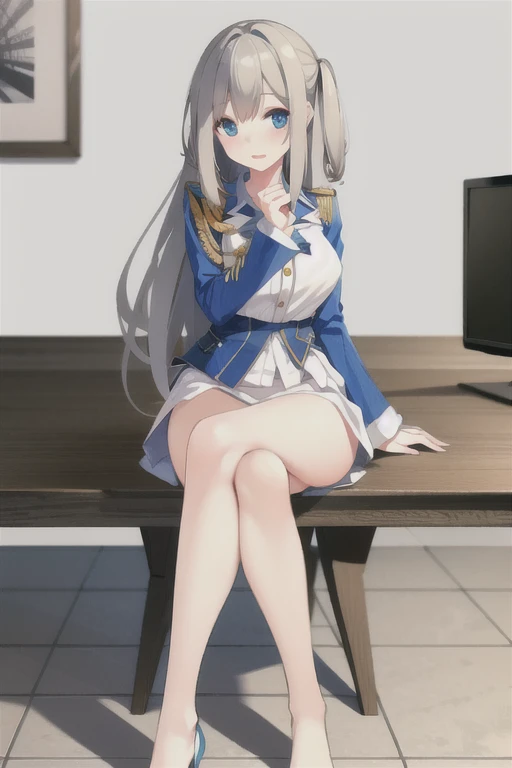 lexington (warship girls r), (((Best quality))),((Ultra-detailed)),((illustration)),((Disheveled hair)),((frilld)),(1 girl),(Solo),crossed_legs,desk,foot_focus,foreshortening,from_below,hand_on_own_face,head_rest,looking_at_viewer,on_desk,sitting,sitting_on_desk,tile_floor,rating:safe,gray_hair,blue_eyes,