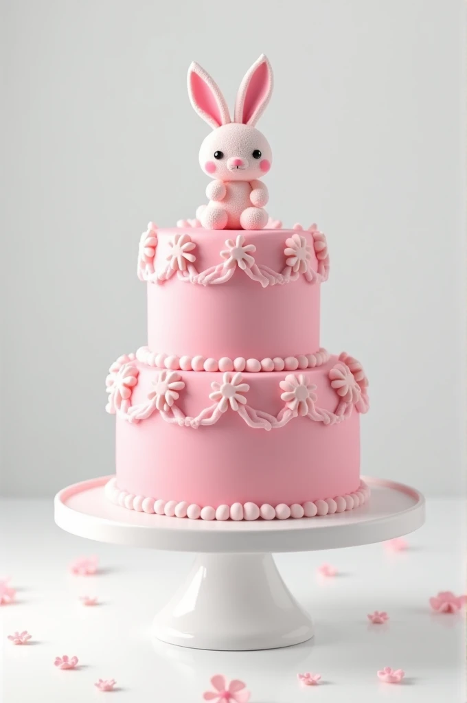 Realistic two-tier pink cake with a cute little bunny on the top tier. on a white background, on a stylish stand.