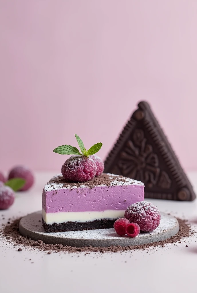 Design an image for a passion fruit and oreo dessert promotion, but separate desserts, Now put them where the desserts go., Perfect, make them triangular in shape.