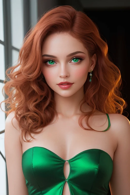 "Create a stunning photograph of an Australian woman with exceptionally fair skin, long, curly copper-colored hair that flows elegantly around her shoulders. She has enchanting emerald green eyes that captivate anyone who looks at her, paired with sensual lips that add to her allure. Her face is perfectly sculpted, radiating beauty and confidence, making her a true vision of elegance."
woman red head europea