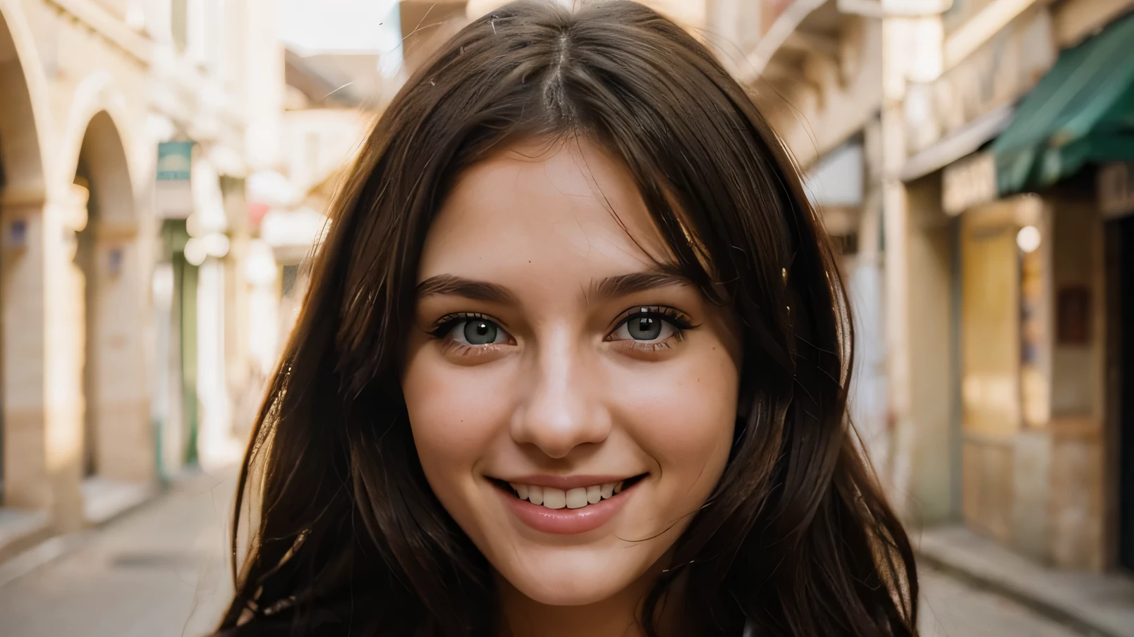 girl green eyes and brunette hair, 25 years old with a big smile, hyper detailed photography, soft light, portrait, realist"