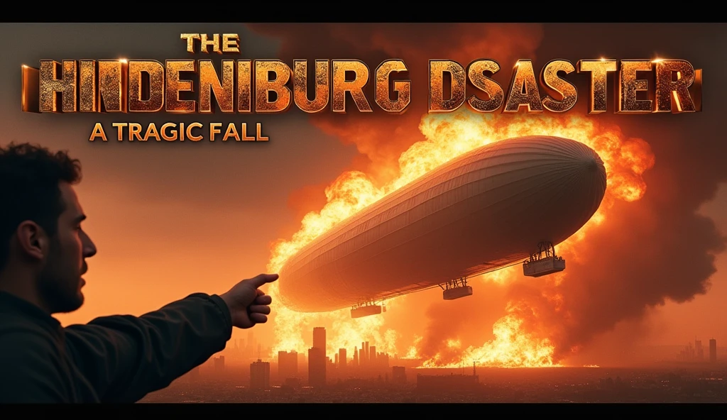  "Design a dramatic and compelling thumbnail for a video about the Hindenburg Disaster. The scene features the iconic airship engulfed in flames in mid-explosion, with dark, smoky clouds It should be perfectly Located in frame . According to the frame there should be a Shocking Reaction Face closeup of a Man Who is pointing out the airship,The background should show a fiery, intense sky with shades of red, orange, and black to highlight With chaos. The Text 'The Hindenburg Disaster: A Tragic Fall' should be same prominently displayed at the top of the frame in bold, metallic letters, slightly tilted, with a subtle fiery glow effect to enhance the urgency and impact of the image." image should be generate  cristle clear and in detailed 4k image , illustration 