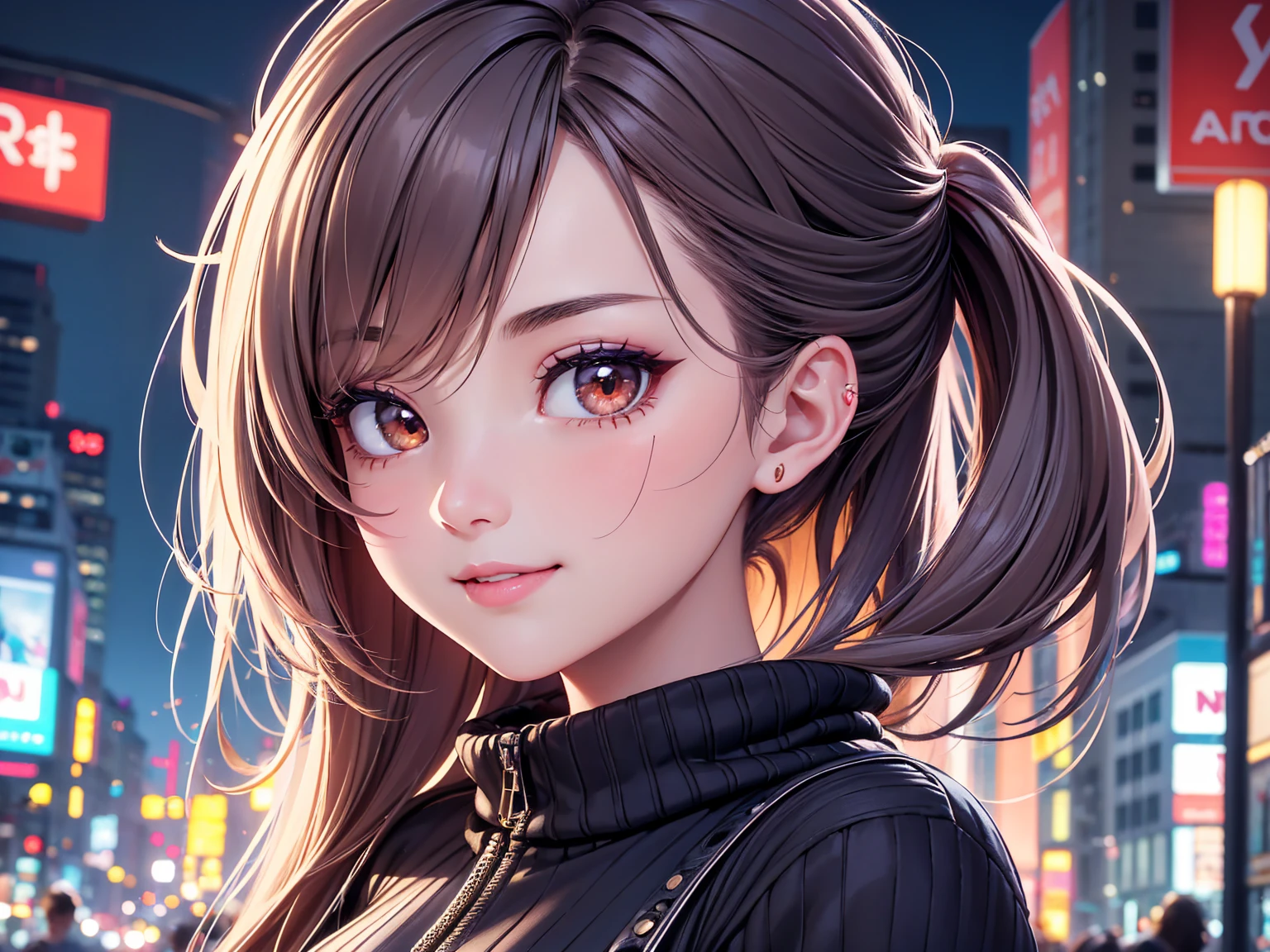 highy detailed: 1,5, high resolution, detailed lines and colors, perfect lighting, face detailed, detailed hair, detailedeyes, detailed nose, detailed lips. an adult and beautiful girl:1,9, wearing a sweatshirt, using cosmetic products on the face, with smile on face, city at night.