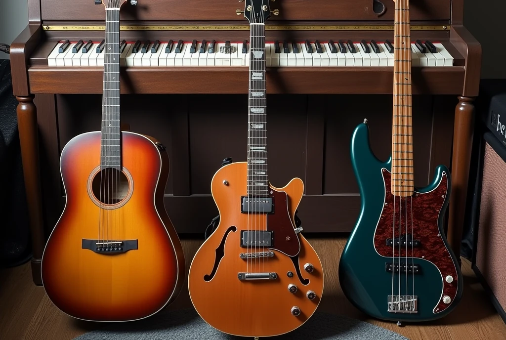 Create an image that has the following musical instruments: acoustic guitar, piano, and electric bass