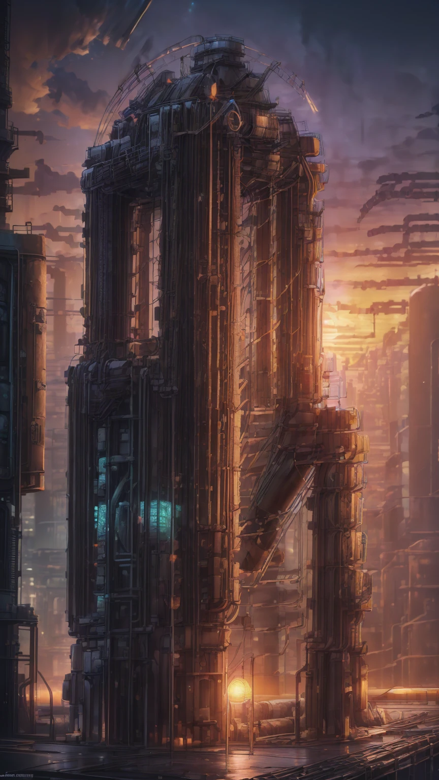 long shot: 1.3, masterpiece, ((industrial city scene with sky with sunset: 1.5)),(( machinery, metal: 1.5)), very beautiful Digital art, Digital art. very detailed and very detailed magical fantasy, colorful digital fantasy art, highly detailed Digital art, beautiful and gorgeous Digital art, very detailed digital painting, 32K