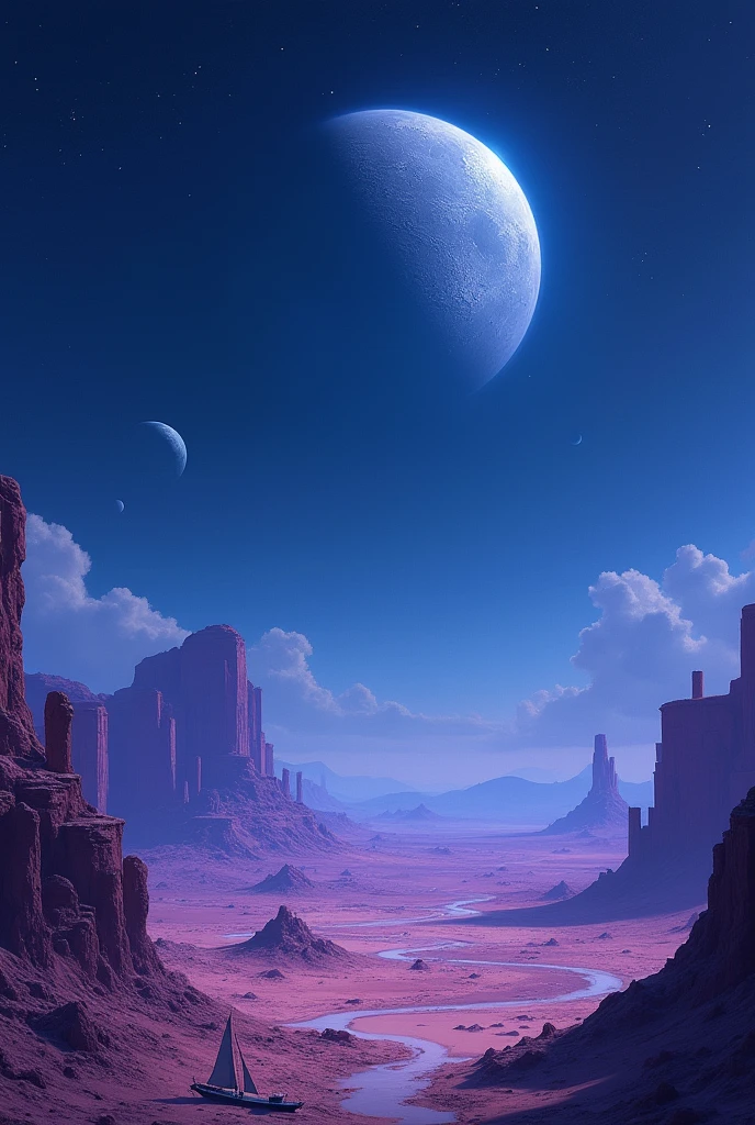 desert space moons blue purple ruins sailing boats stars 