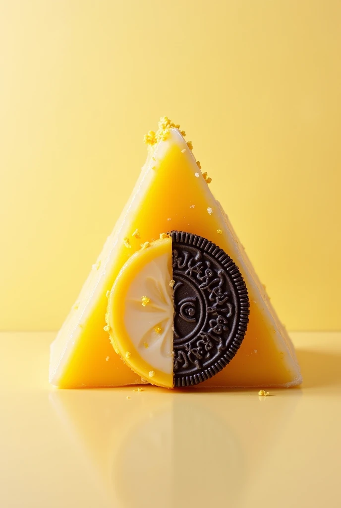 Design an image for a passion fruit and oreo dessert promotion, but separate desserts, Now put them where the desserts go., Perfect, make them triangular in shape., but passion fruit and oreo both separated 