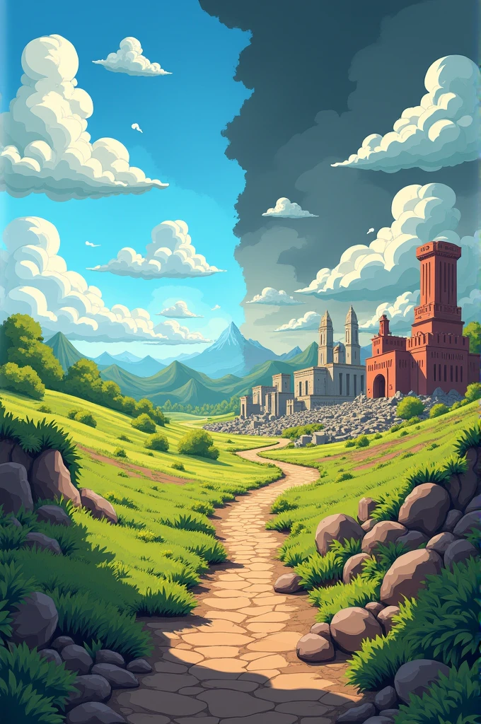 Create a normal landscape and on the other half create an apocalyptic landscape do it in a cartoon style 