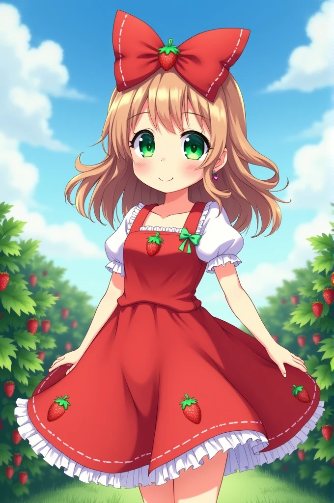 An anime-style image featuring a young and lovely girl wearing a strawberry-inspired dress.. The dress is a vibrant red with small details of strawberries and green leaves spread throughout the fabric.. The skirt is voluminous and gently extends to just above the knees., with a white lace trim on the edge. The top of the dress has a square neckline and short puffed sleeves., decorated with small light green bows.
The girl's hair is long and wavy, with a light brown tone, and wears a headband with a large red bow that also has a small strawberry detail in the center. His eyes are big and bright, of an emerald green color that highlights its sweet and happy expression. The girl is standing in a garden full of strawberries, with a blue sky background and some soft clouds, surrounded by flowering strawberry plants.
