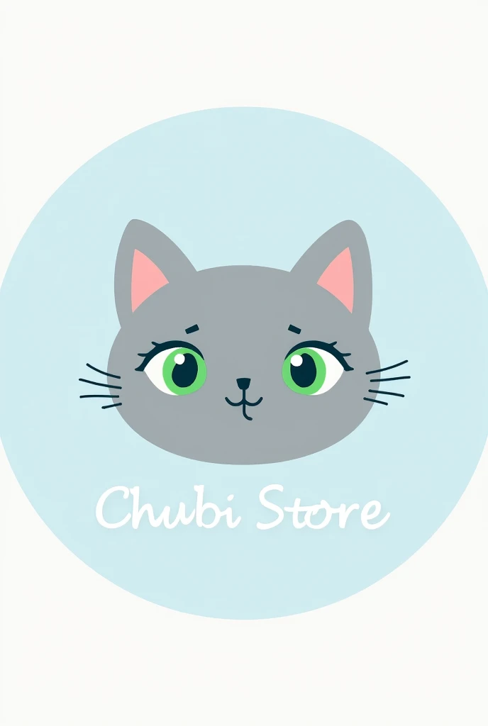 Logo for a makeup brand that is circular with a gray cat face with green eyes in the center and a light blue border and says Chubi Store