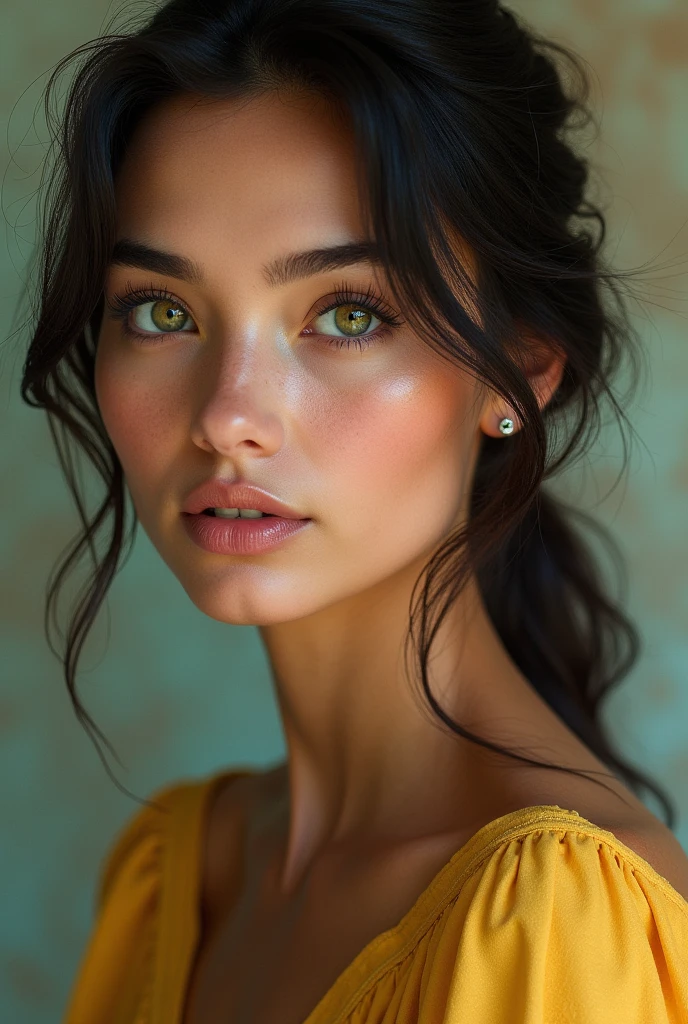 Create an artificial Colombian woman with a beautiful round face and green eyes, very pretty and thin profile #89hd81