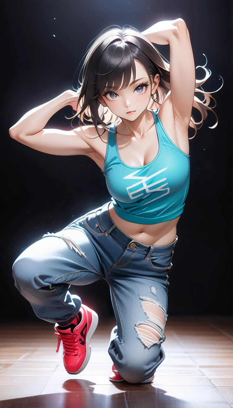 (Generated in SFW:2.0), masterpiece, Highest quality, Realistic photos, RAW Photos, dynamic dancing woman, alone, Beautiful Face, Bangs that fall on the forehead, Casual clothing, (Tight tank top:1.2), (Denim shorts:1.2), No sleeve, Seductive body lines, alluring looks, break, Cool dance, break, Hip Hop Dance, (Black background color:1.5), (A dark background to make your subject stand out:1.1), (Focus on the eyes), (Full Body Shot:1.2), break, Street dance, Hip Hop Dance, Club dance, dynamic pose, dynamic, Moments that captivate you, Concentrated face, View your viewers, bend, Spread your legs, Cool pose, Apply random anagrams to create completely different new works,
