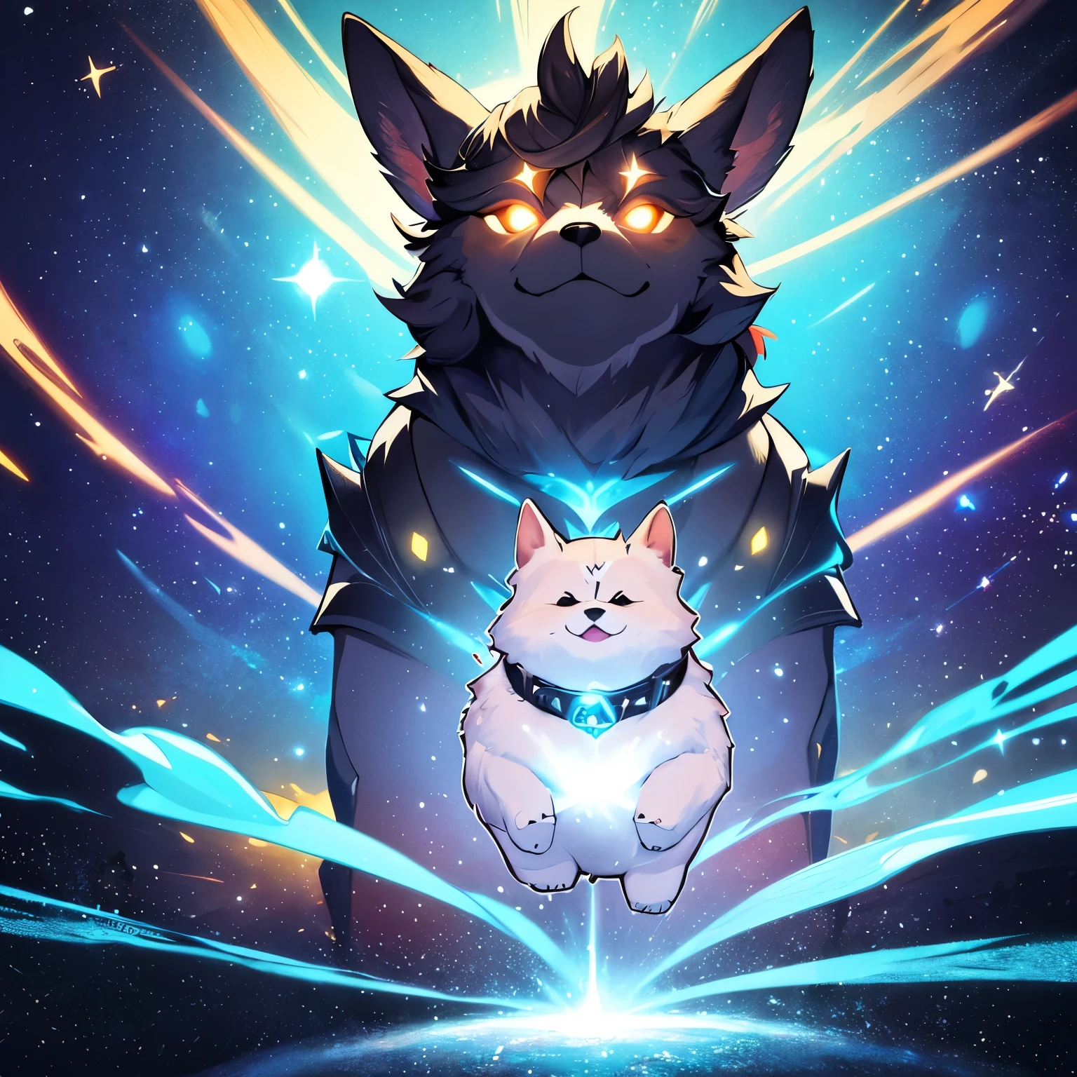 A brave corgi, dressed in a small, futuristic leather armor with glowing accents, floats beside its heroic companion in the vastness of space. The corgi's ears are perked up, and its eyes gleam with determination. Next to the corgi is a tall, imposing male warrior, whose right arm and half of his face are composed of swirling dark matter and cosmic energy, resembling the appearance of a black hole. The gravitational pull of the black hole subtly distorts the surrounding space, with fragments of light being drawn into the darkness that forms part of his body. His left arm and the remaining part of his face retain humanoid features, with an energy sword glowing faintly in his left hand. Behind them, distant galaxies, nebulae, and swirling stars create a breathtaking cosmic backdrop. The scene captures a moment of unity and readiness, as the corgi and its otherworldly companion prepare for their next interstellar adventure together.