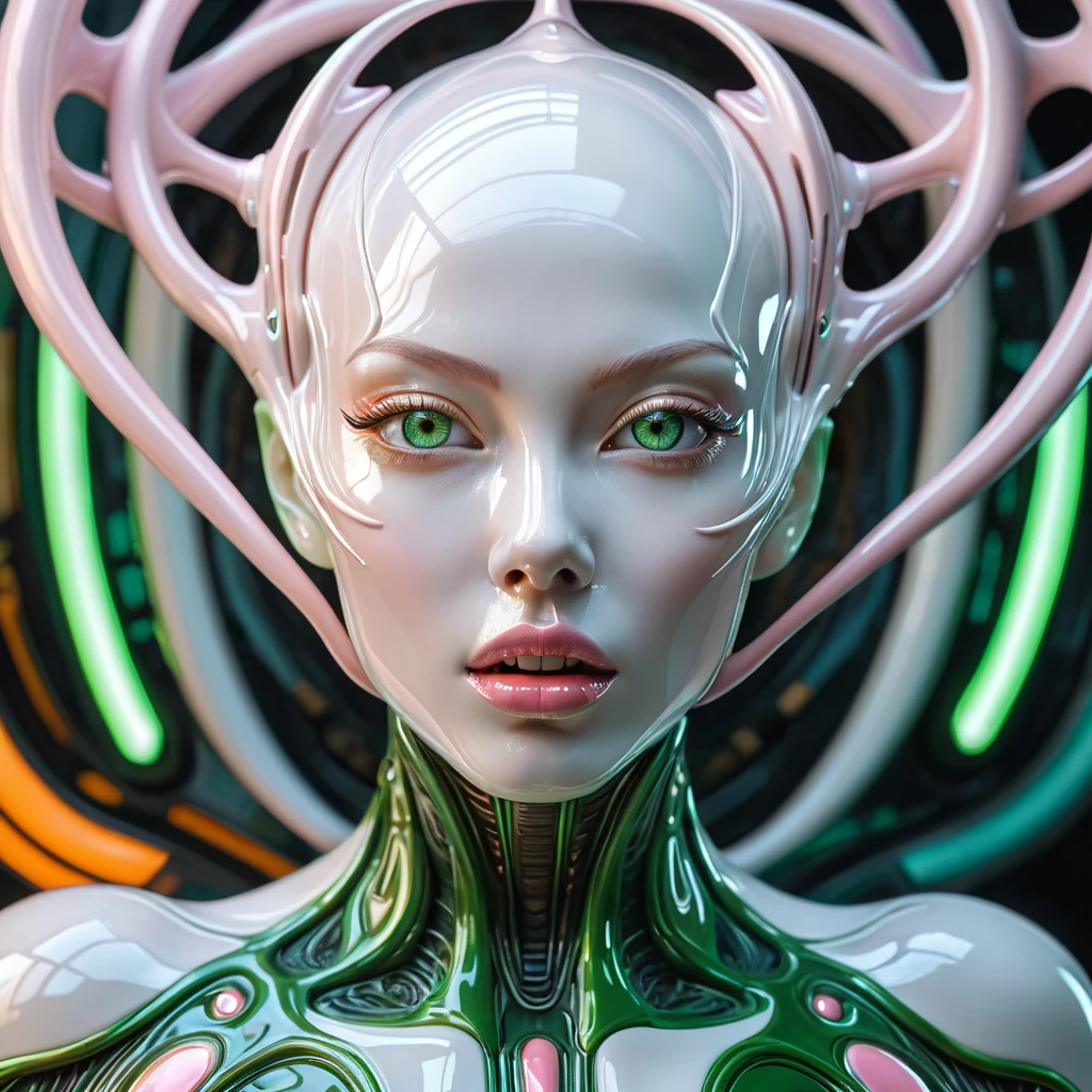 Striking hyperrealistic Glossy Carved white-pink porcelain cyborg-alien, stunning face upturned looking up, charming mouth semi-opened, orthodontic apparel, mesmerizing glowimg green eyes, perfect features, bald, beautiful amber-orange piping, high detailed cinematic background , H.R.Giger, Miki Asai Macro photography, close-up, hyper detailed, trending on artstation, sharp focus, studio photo, intricate details, highly detailed, by greg rutkowski, hyper-maximalism, beautiful voronoi pattern, hyper-detailed, sharp focus, HDR, 16k
