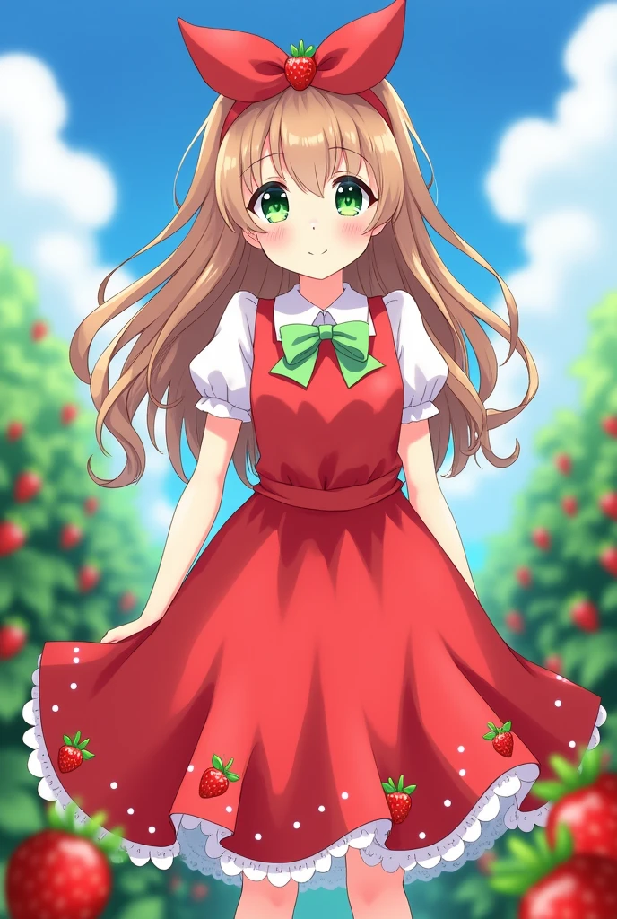 An anime-style image featuring a young and lovely girl wearing a strawberry-inspired dress.. The dress is a vibrant red with small details of strawberries and green leaves spread throughout the fabric.. The skirt is voluminous and gently extends to just above the knees., with a white lace trim on the edge. The top of the dress has a square neckline and short puffed sleeves., decorated with small light green bows.
The girl's hair is long and wavy, with a light brown tone, and wears a headband with a large red bow that also has a small strawberry detail in the center. His eyes are big and bright, of an emerald green color that highlights its sweet and happy expression. The girl is standing in a garden full of strawberries, with a blue sky background and some soft clouds, surrounded by flowering strawberry plants.